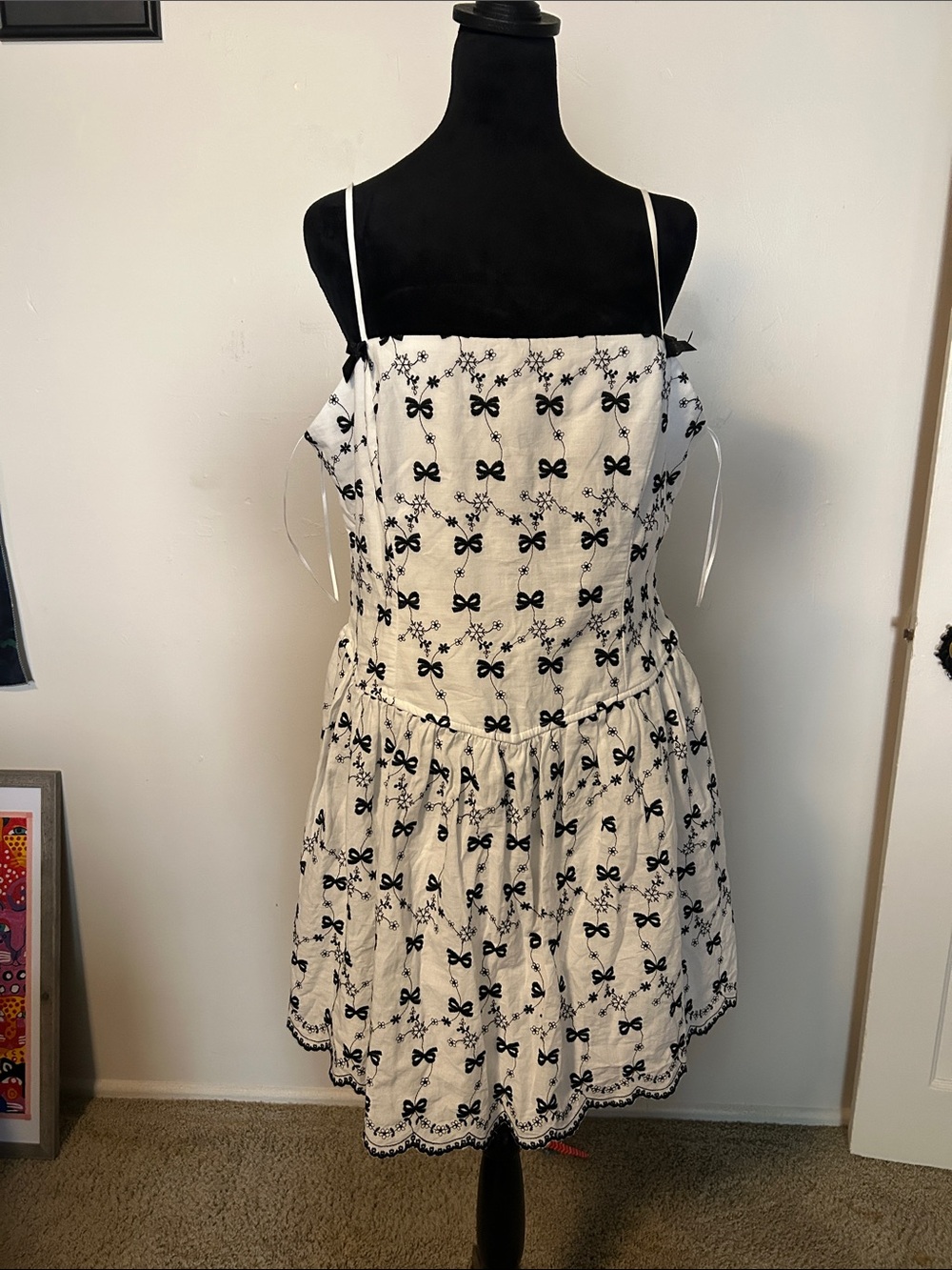 White Sundress with Black Bow Embroidery